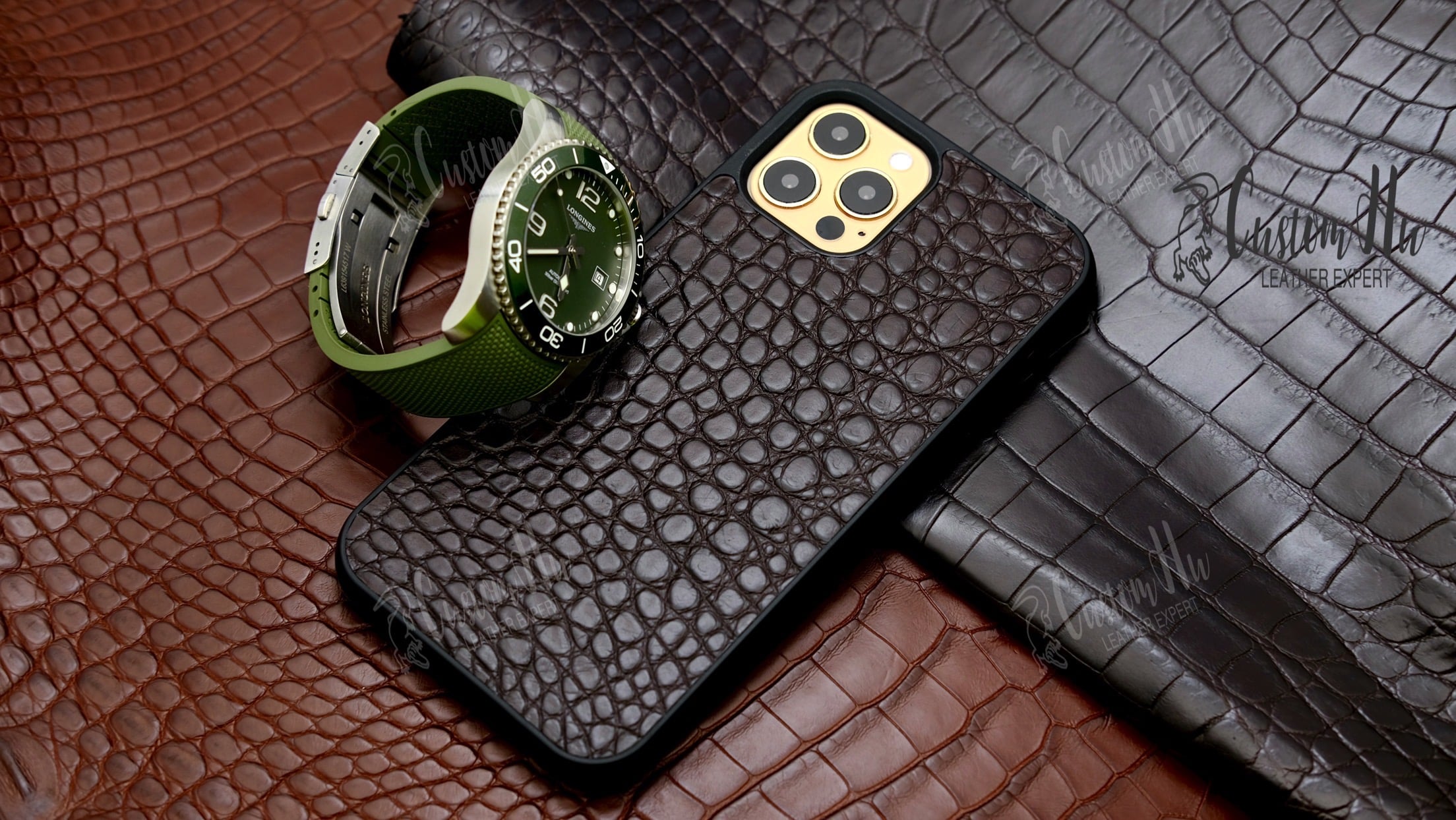 Exquisites Uhrenarmband. Luxuriöse Schutzhülle aus echtem Krokodilleder, kompatibel mit iPhone 12 Pro und iPhone 12