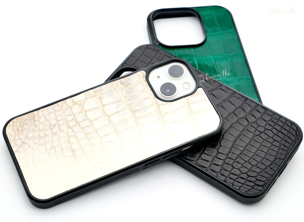 Maßgeschneiderte Handyhülle aus Leder für iPhone-Serie 13 14 Pro Max aus Krokodilleder